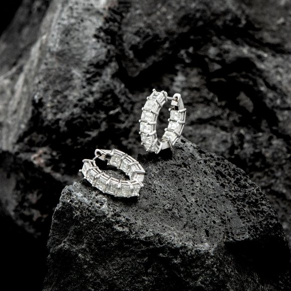 Baguette Diamond Inside Out 14K (or 18k upon request) Yellow Gold Hoop Earrings - Picture 4 of 7